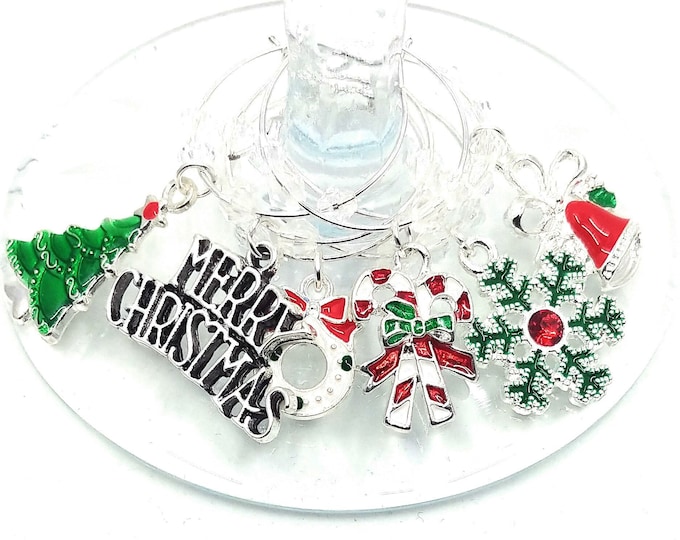 Gift Boxed Festive Christmas Wine Charms - Silver Tone 6/Pack - gift box option