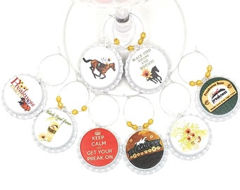 The Preakness Bottle Cap Wine Charms, Glass Tags, 8 pack - Glass Not included