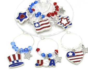 Fourth Of July Wine Charms - Independence Day/July 4th - Stars and Stripes Silver - Pack of 6