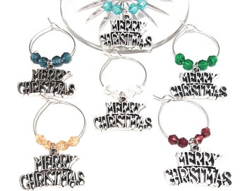 Merry Christmas Wine Glass Charms Silver Tone - Pack Of 6 - Party Favor Packaging Option Available