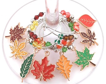 Thanksgiving Wine Charms - Fall Leaf Wine Charms - Pack Of 8 - Party Favor Packaging Option Available