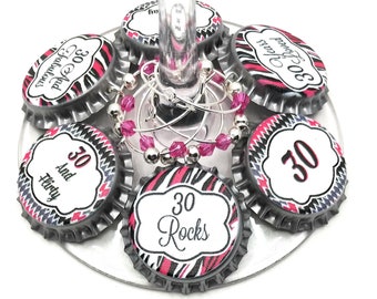 30th Birthday Bottle Cap Wine Charms - Hot Pink 30 Rocks Pack of 10