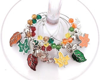 Thanksgiving Wine Charms Autumn Leaves and Pumpkins - Pack Of 6 - Party Favor Packaging Option Available