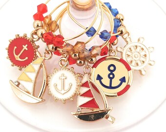 Nautical Wine Charms -Gold, Red, and Blue - Memorial Day/Independence Day - 6 per set