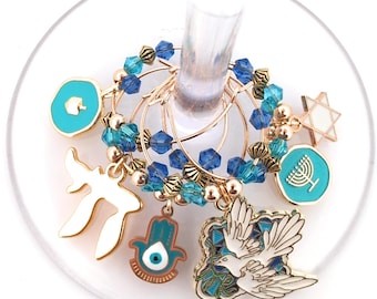 Hanukkah Wine Glass Charms - Menorah, Peace Dove, Star of David, Hamsa Hand with Evil Eye, Dreidel, and Jewish Chai -6 pack