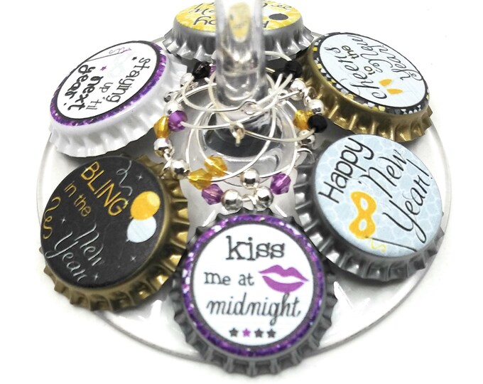 New Years Eve Wine Charms, Kiss Me at Midnight - 8 Pack - Party Favor Packaging Option Available