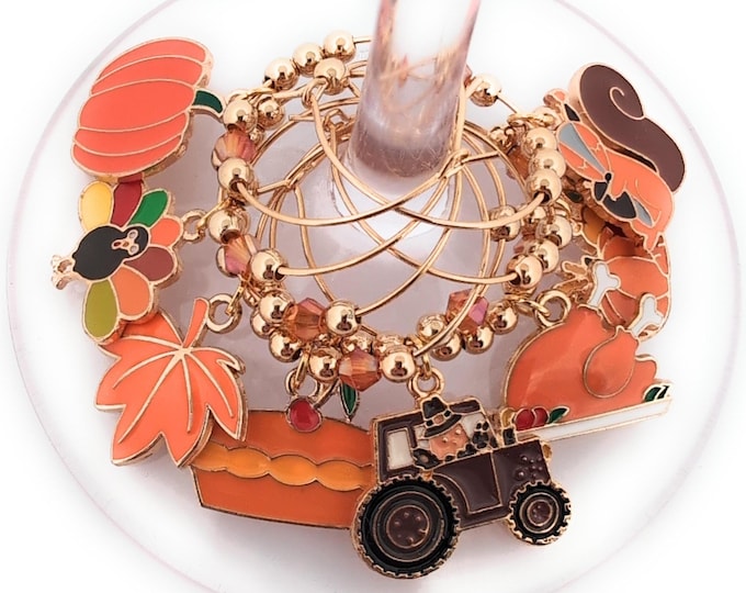Thanksgiving Wine Charms - Turkeys, Tractor, and Pumpkins - Pack Of 8 - Party Favor Packaging Option Available