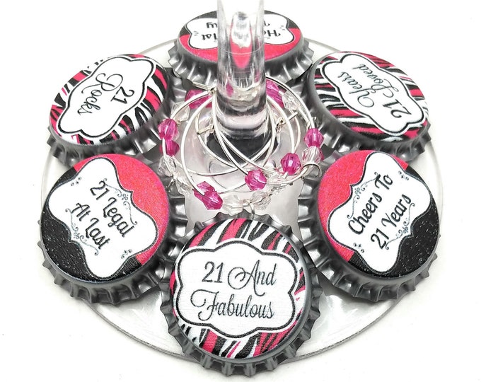 21st Birthday Bottle Cap Wine Charms - Pink Pack of 10