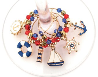 Nautical Wine Charms - Red and Blue - Memorial Day/Independence Day - 6 per set