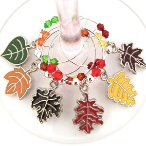 Thanksgiving Wine Charms, Autumn Leaf Wine Charms Glass Tag Identifier, Fall Leaf Glass Marker, Party Supplies, Party Favor Pack Option 6/pk