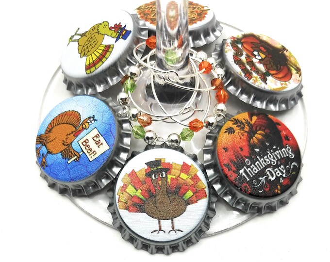 Thanksgiving Bottle Cap Wine Charms - 6/Pack - Party Favor Packaging Option Available