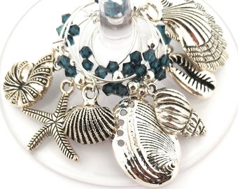 Beach Seashell Wine Charms - Antique Silver - 7 pack