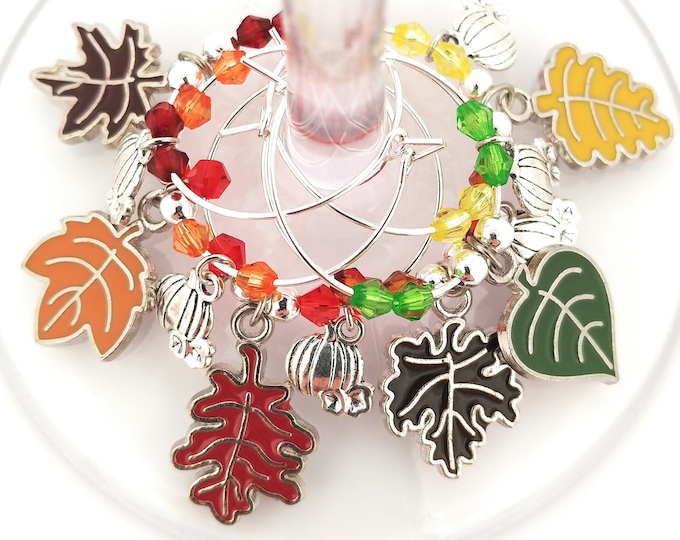 Thanksgiving Wine Charms Autumn Leaves and Pumpkins - Pack Of 6 - Party Favor Packaging Option Available