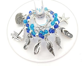 Beach Seashell Wine Charms - Antique Silver - 8 pack