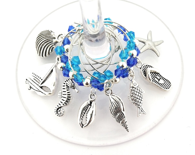 Beach Seashell Wine Charms - Antique Silver - 8 pack