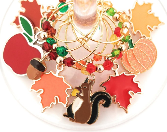 Thanksgiving Wine Charms Autumn Leaves - Squirrel - Pack Of 8 - Party Favor Packaging Option Available