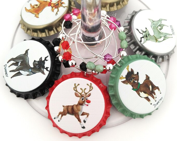 Santa's Reindeer Wine Charms - Pack Of 9 - Party Favor Packaging Option Available