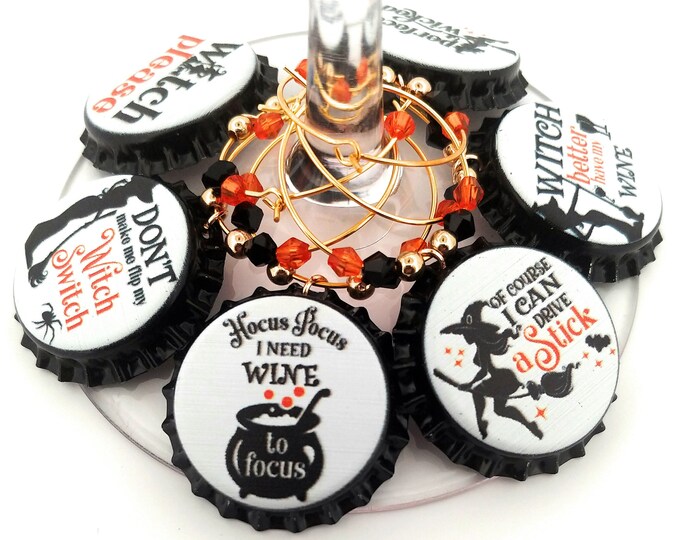 Halloween Bottle Cap Wine Charms - Perfectly Wicked - 6 pack - Party Favor Packaging Available