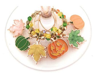 Thanksgiving Wine Charms Autumn Leaves and Pumpkins - Pack Of 6