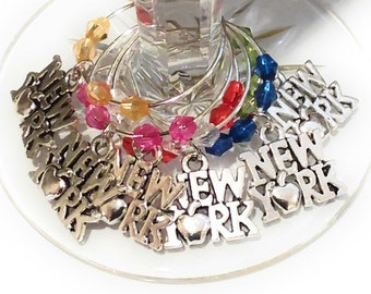 New York Wine Charms, I Love New York Gifts, New York Glass Tag Identifiers, New York Wine Glass Markers, Big Apple Gifts - Set Of 6