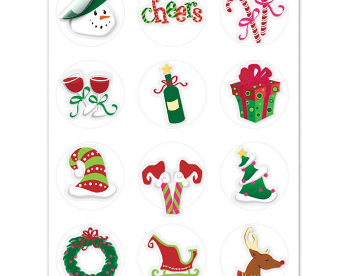 Holiday Toast Wine Glass Decals, 1 Inch Round Glass Tags - Glass Not included, 12 Per Pack