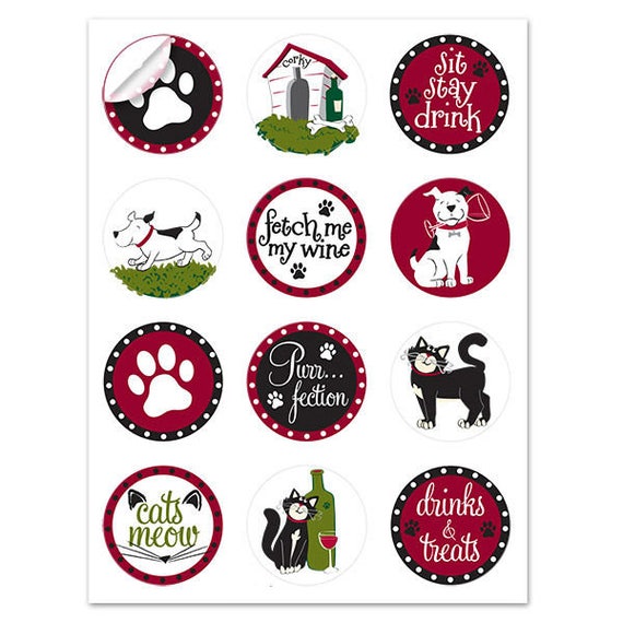 Pet Party Wine Glass Decals - 1 Inch Round Glass Tags - Glass Not included, 12 Per Pack