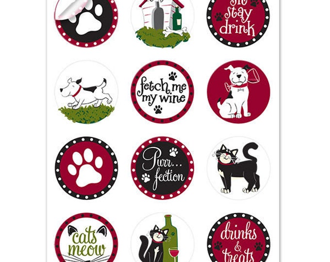 Pet Party Wine Glass Decals - 1 Inch Round Glass Tags - Glass Not included, 12 Per Pack