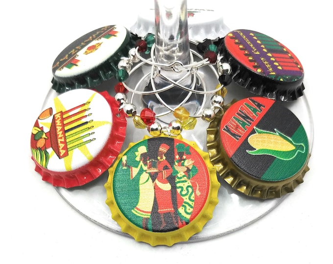 Kwanzaa Wine Charms Gift - Kwanzaa Party Supplies - Bottle Cap 6 pack