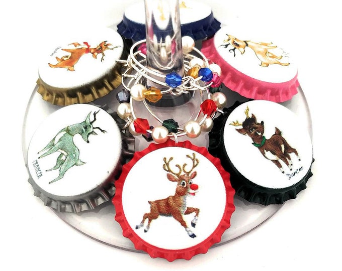 Santa's Reindeer Wine Charms - Pack Of 9 - Party Favor Packaging Option Available