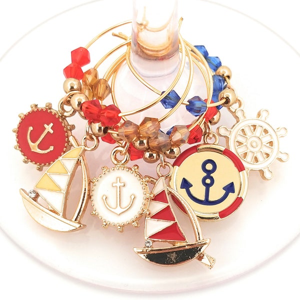 Nautical Wine Charms, Nautical Gifts, Nautical Party Supplies, Independence Day, Memorial Day, and  4th Of July Glass Tag Identifiers, 6/set
