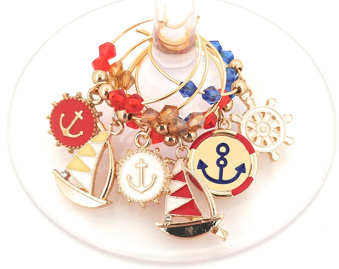 Nautical Wine Charms -Gold, Red, and Blue - Memorial Day/Independence Day - 6 per set