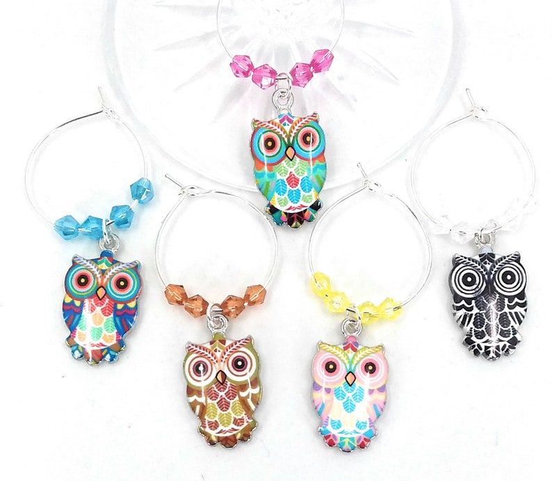 Owl Wine Glass Charms, Owl Gifts, Owl Glass Identifier Tags , Owl Glass Marker Charms, Owl Glass Labels 5 Wine Charms/pack image 2