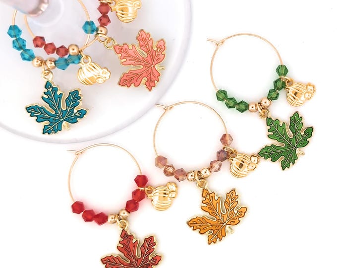 Thanksgiving Wine Charms -  Autumn Leaves -  Pumpkins - Pack Of 5 - Party Favor Packaging Option Available