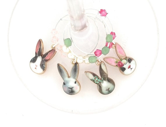 Easter Bunny Wine Charms -  Bunny Faces - 4 Pack