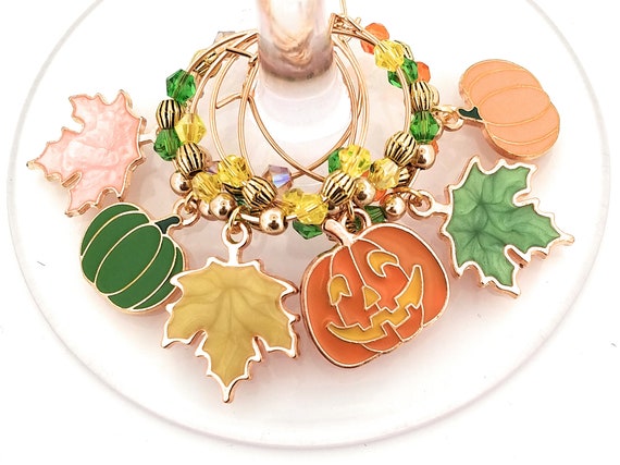 Thanksgiving Wine Charms Autumn Leaves and Pumpkins - Pack Of 6