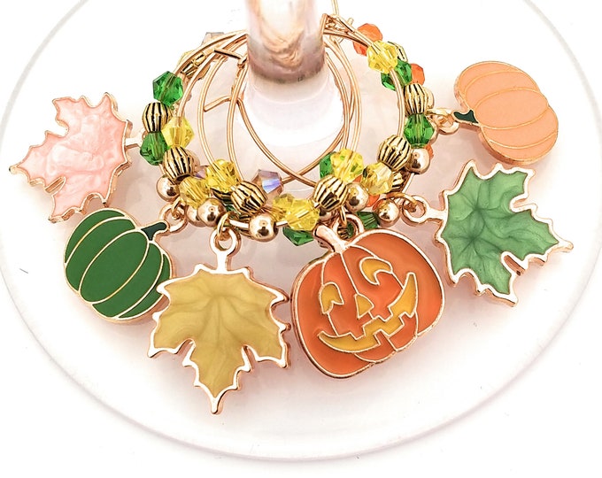 Thanksgiving Wine Charms Autumn Leaves and Pumpkins - Pack Of 6