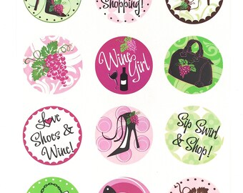 Wine Girl Wine Glass Decals For The Savvy Shopper, 1 Inch Round Glass Tags, Glass Charms, Hostess Gift, Glass Not included, 12 Per Pack