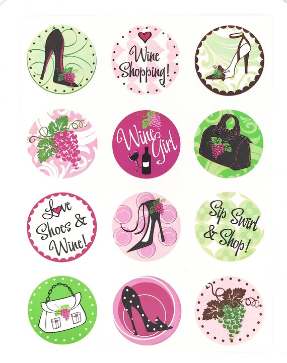 Wine Girl Wine Glass Decals For The Savvy Shopper, 1 Inch Round Glass Tags, Glass Charms, Hostess Gift, Glass Not included, 12 Per Pack