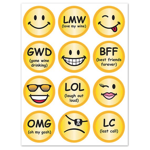 Emoji Smiley Face Wine Glass Decals - 1 Inch Round Glass Tags - Gift, Glass Not included, 12 Per Pack