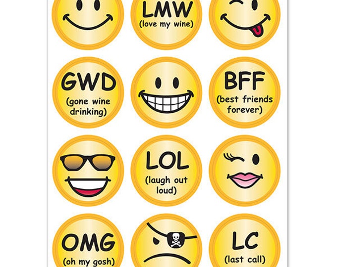 Emoji Smiley Face Wine Glass Decals - 1 Inch Round Glass Tags - Gift, Glass Not included, 12 Per Pack