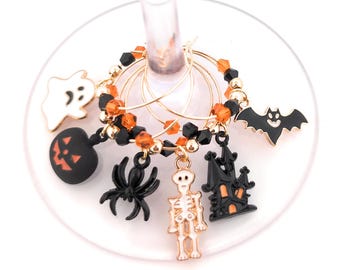 Spooky Halloween Wine Charms - Skeletons and Eyeballs Wine Charms - Enamel 6/pack