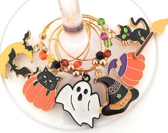 Halloween Wine Charms - Cats and Bats Wine Charms - Enamel 6/pack