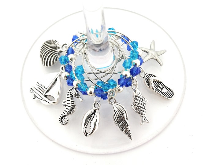 Beach Seashell Wine Charms - Antique Silver - 8 pack