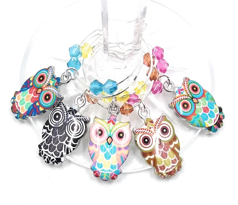 Owl Wine Glass Charms, Owl Gifts, Owl Glass Identifier Tags , Owl Glass Marker Charms, Owl Glass Labels 5 Wine Charms/pack image 1