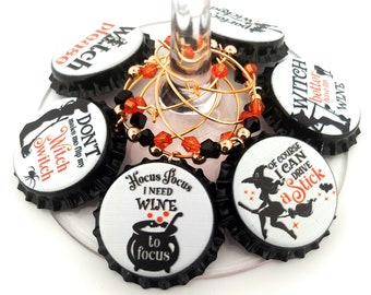 Halloween Wine Charms, Witch Wine Charm Glass Tag Identifiers, Party Supplies, Party Cup, Glass Markers, Party Favor Pack available - 6 pack
