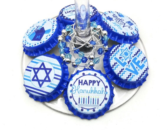 Hanukkah Wine Charms Gift - Blue Bottle Cap 6 pack