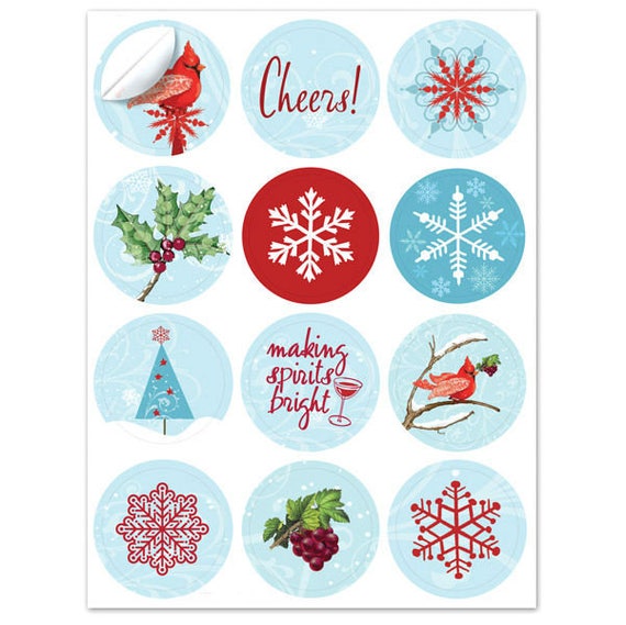 Holiday Winter Cardinal Wine Glass Decals -1 Inch Round Reusable - Glass Not included, 12 Per Pack