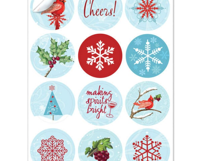 Holiday Winter Cardinal Wine Glass Decals -1 Inch Round Reusable - Glass Not included, 12 Per Pack