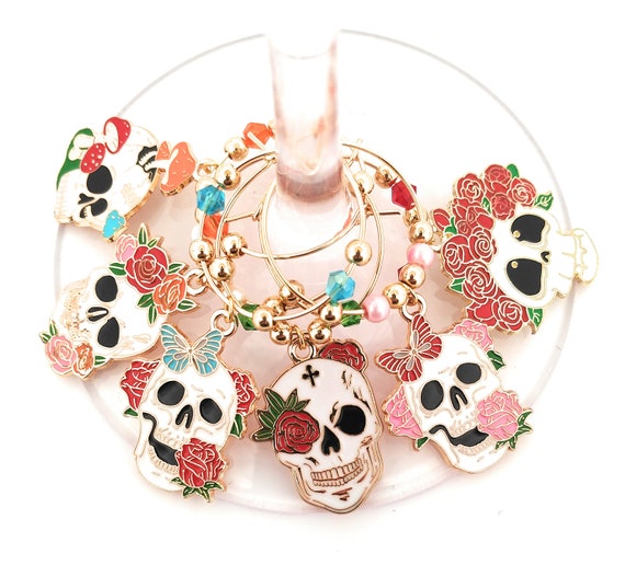 Cinco De Mayo Wine Charms - Day Of The Dead Sugar Skulls Set, Enamel 6 pack - Party Favor Packaging Available