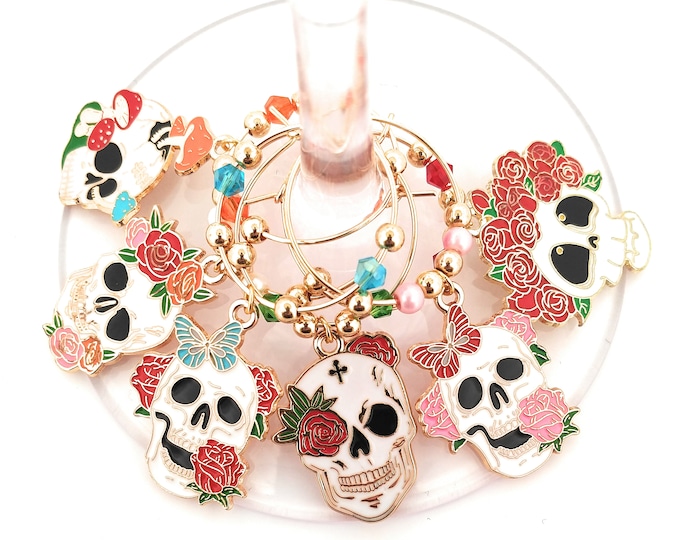 Cinco De Mayo Wine Charms - Day Of The Dead Sugar Skulls Set, Enamel 6 pack - Party Favor Packaging Available